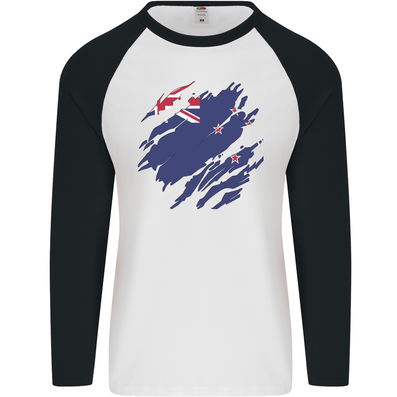 Torn New Zealand Flag Zealander Kiwi Day Mens L/S Baseball T-Shirt White/Black