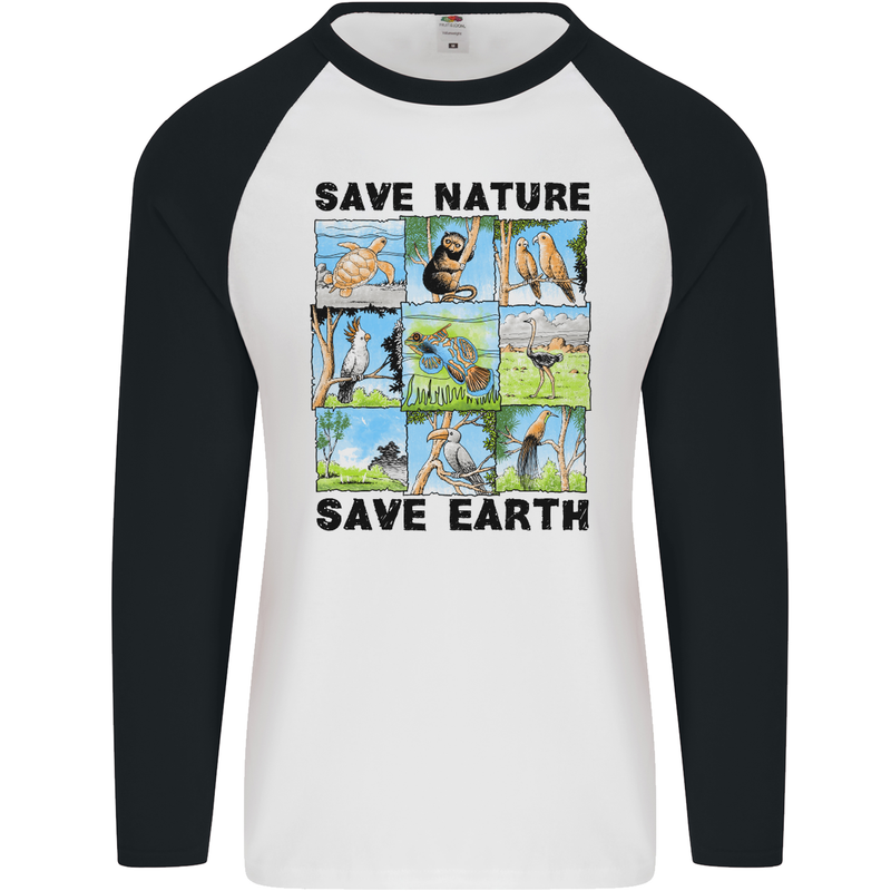 Save Nature Save Earth Ecology Environment Mens L/S Baseball T-Shirt White/Black