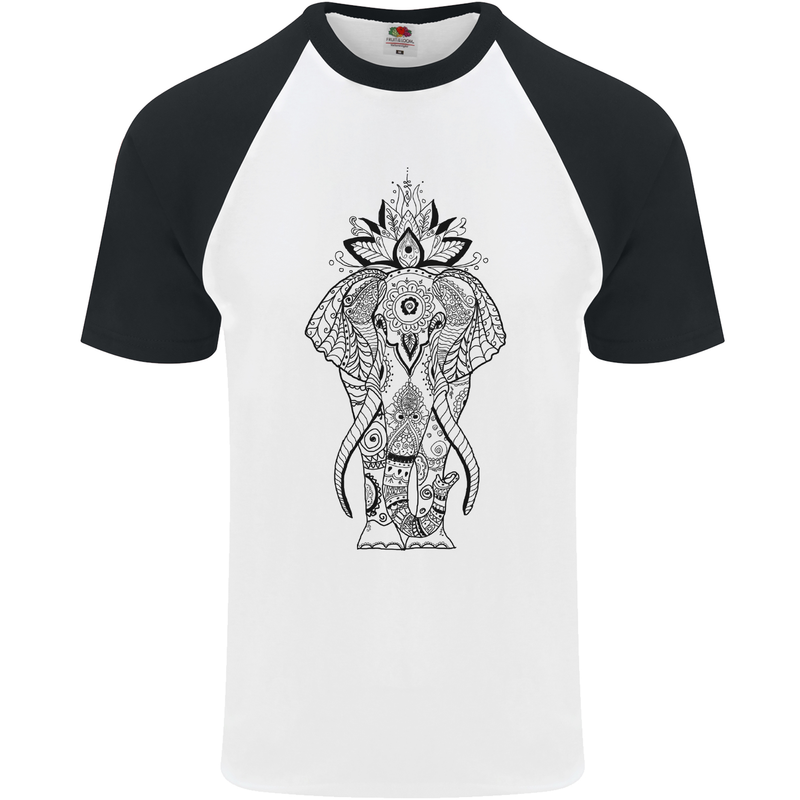Black Mandala Art Elephant Mens S/S Baseball T-Shirt White/Black
