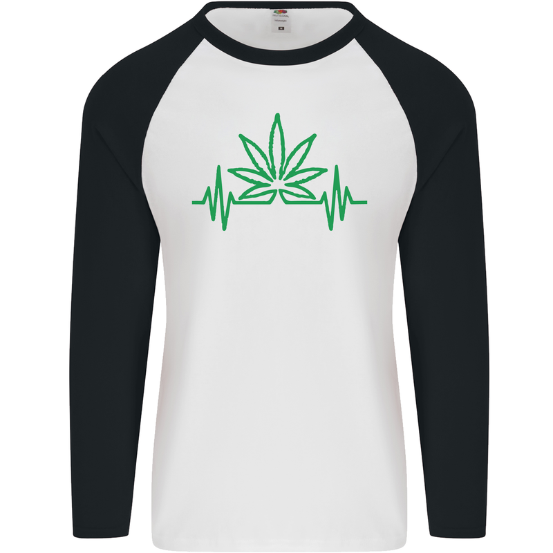 Weed Pulse Heart Cannabis Drugs ECG Mens L/S Baseball T-Shirt White/Black