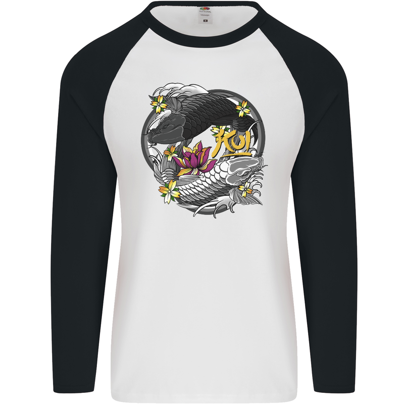 Koi Carp Yin and Yang Fish Pond Mens L/S Baseball T-Shirt White/Black