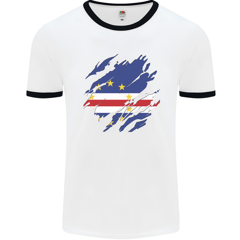 Torn Cape Verde Flag Verdean Day Football Mens Ringer T-Shirt White/Black