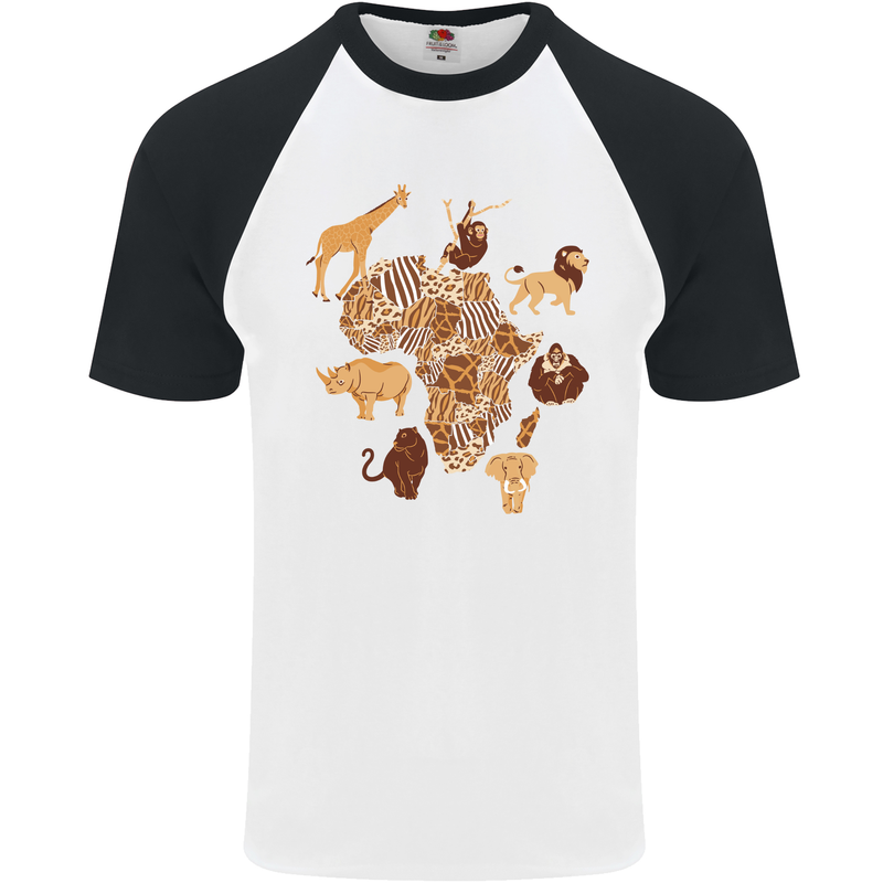 Africa Wildlife Map Giraffe Rhino Ape Elephant Lion Mens S/S Baseball T-Shirt White/Black