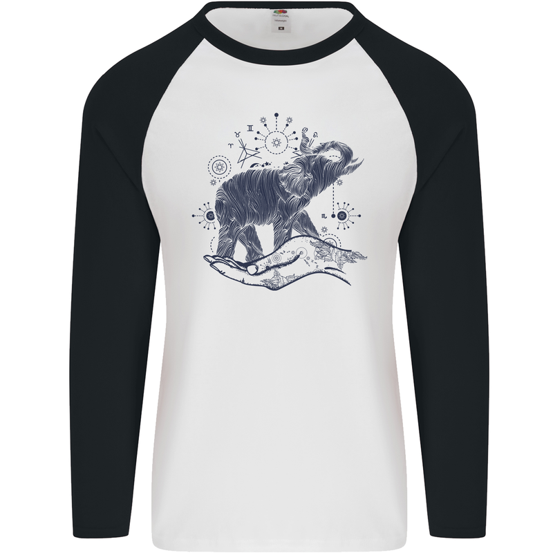 Sacral Style Elephant Meditation Tattoo Art Mens L/S Baseball T-Shirt White/Black