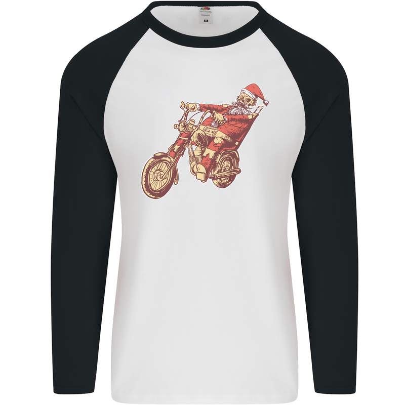 Biker Santa Christmas Motorcycle Chopper Skull Mens L/S Baseball T-Shirt White/Black