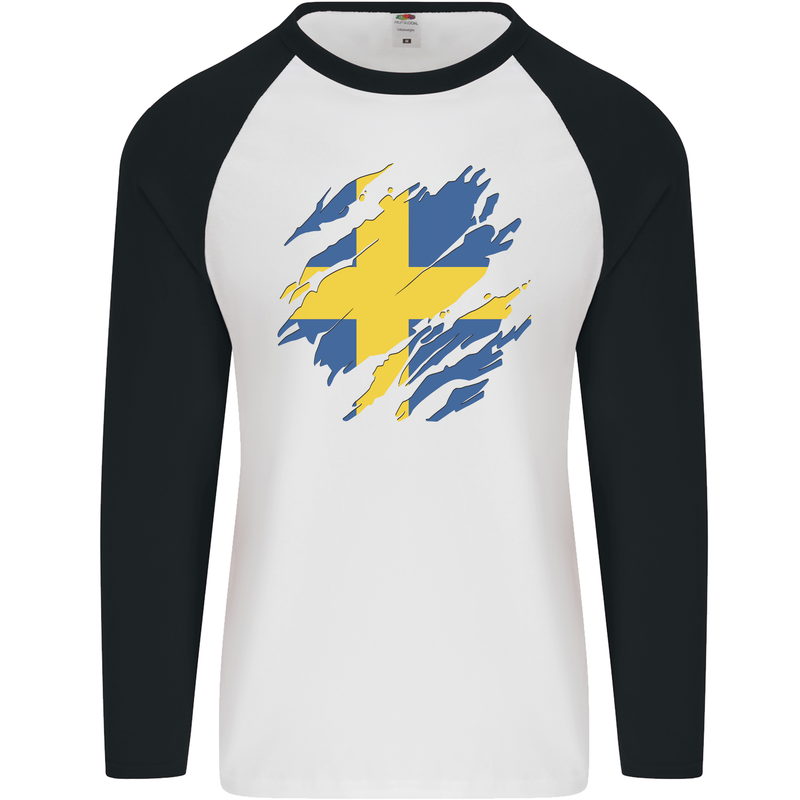 Torn Swedish Flag Sweden Day Football Mens L/S Baseball T-Shirt White/Black