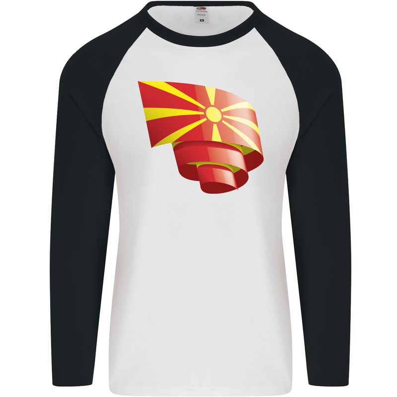 Curled Macedonia Flag Macedonian Day Football Mens L/S Baseball T-Shirt White/Black