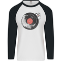 Distressed Vinyl Turntable DJ DJing Mens L/S Baseball T-Shirt White/Black