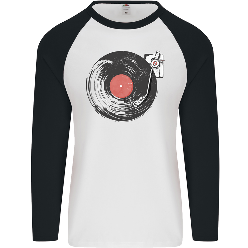 Distressed Vinyl Turntable DJ DJing Mens L/S Baseball T-Shirt White/Black