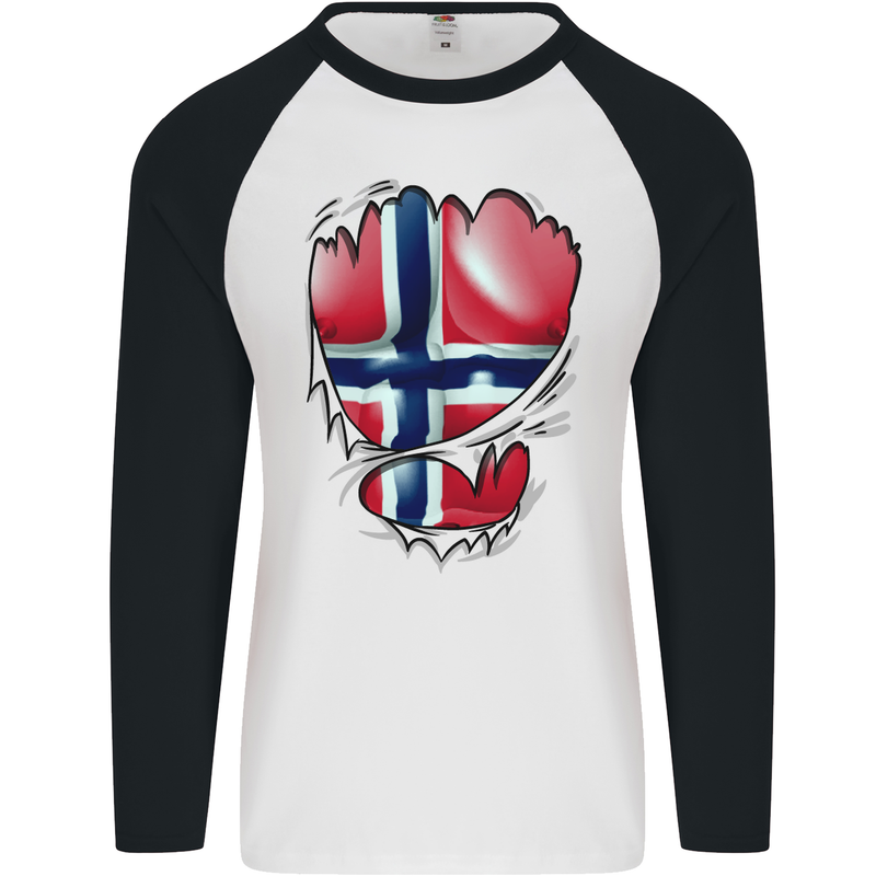 Gym Norwegian Flag Ripped Muscles Norway Mens L/S Baseball T-Shirt White/Black