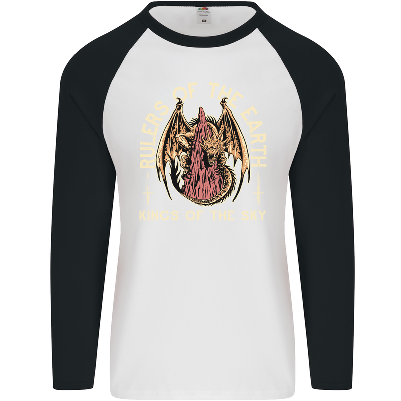 Dragons Rulers of the Earth Fantasy RPG Mens L/S Baseball T-Shirt White/Black