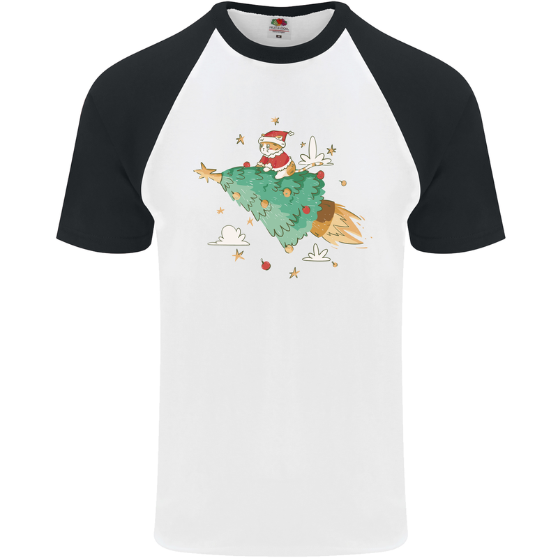 Christmas Cat Space Rocket Xmas Tree Ship Mens S/S Baseball T-Shirt White/Black