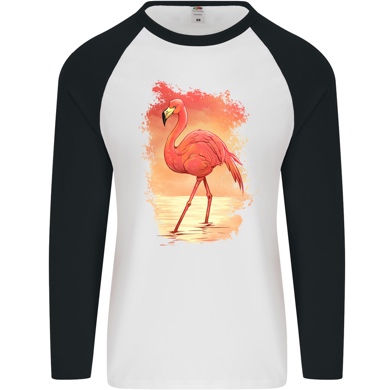 Flamingo Painting Mens L/S Baseball T-Shirt White/Black