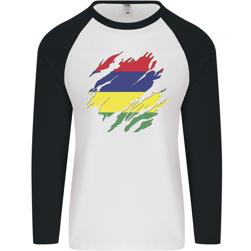 Torn Mauritius Flag Mauritians Day Football Mens L/S Baseball T-Shirt White/Black