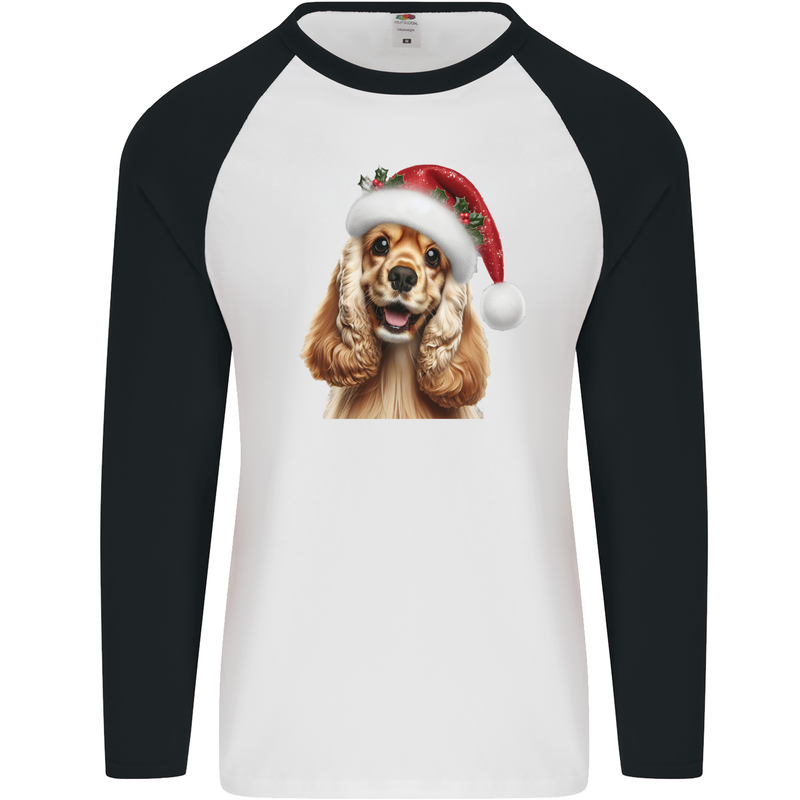 Christmas Cocker Spaniel Xmas Hat Dog Mens L/S Baseball T-Shirt White/Black