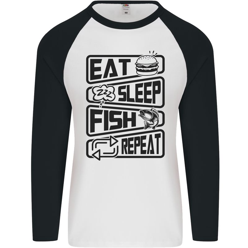 Eat Sleep Fish Repeat Funny Fishing Mens L/S Baseball T-Shirt White/Black