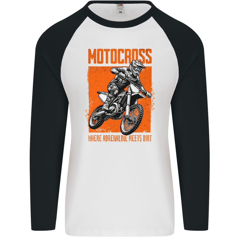 Adrenaline Dirt Motocross MotoX Dirt Bike Mens L/S Baseball T-Shirt White/Black