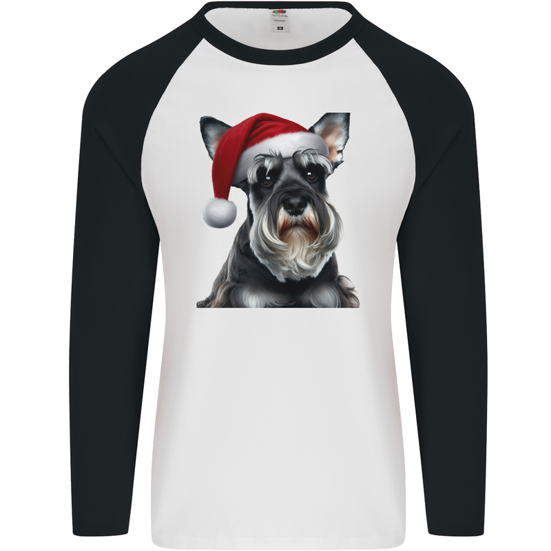 Christmas Schnauzer Dog Xmas Hat Mens L/S Baseball T-Shirt White/Black