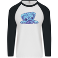 A Blue Watercolour Pug Mens L/S Baseball T-Shirt White/Black