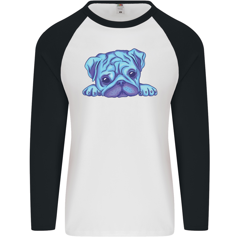 A Blue Watercolour Pug Mens L/S Baseball T-Shirt White/Black