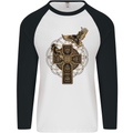 Odins Celtic Raven Viking Thor Ragnar Norse Mens L/S Baseball T-Shirt White/Black