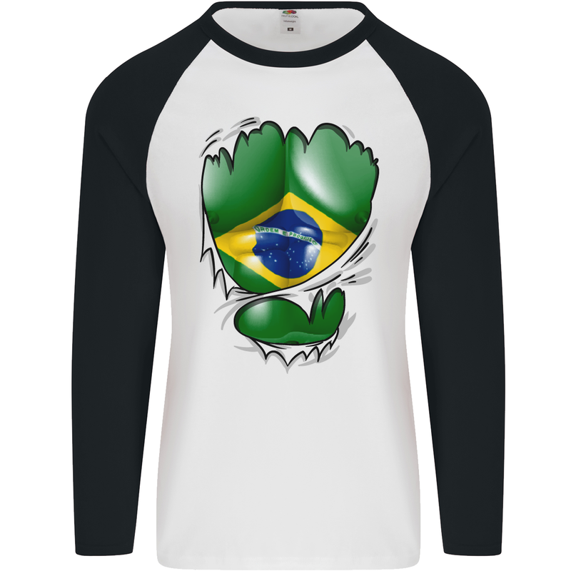 Gym Brazilian Flag Ripped Muscles Brazil Mens L/S Baseball T-Shirt White/Black