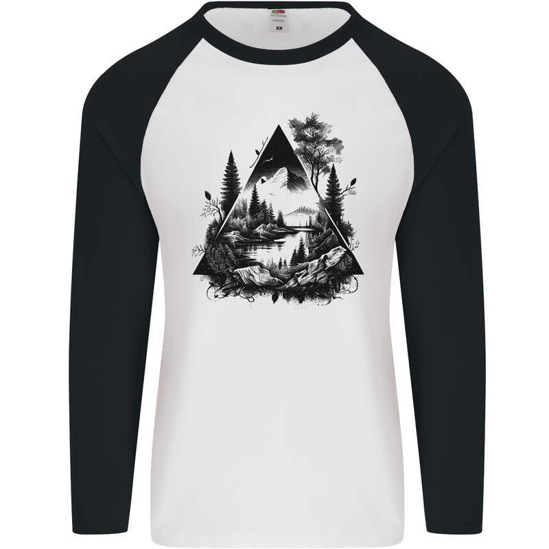 Abstract Outdoors Camping Bushcraft Hiking Trekking Mens L/S Baseball T-Shirt White/Black