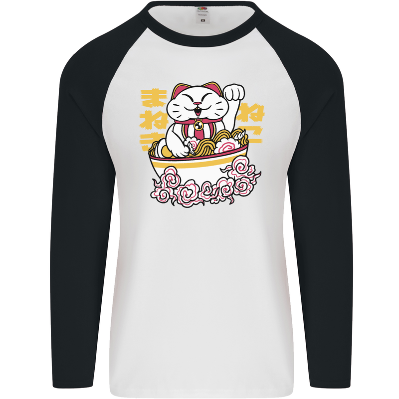 Ramen Lucky Cat Mens L/S Baseball T-Shirt White/Black