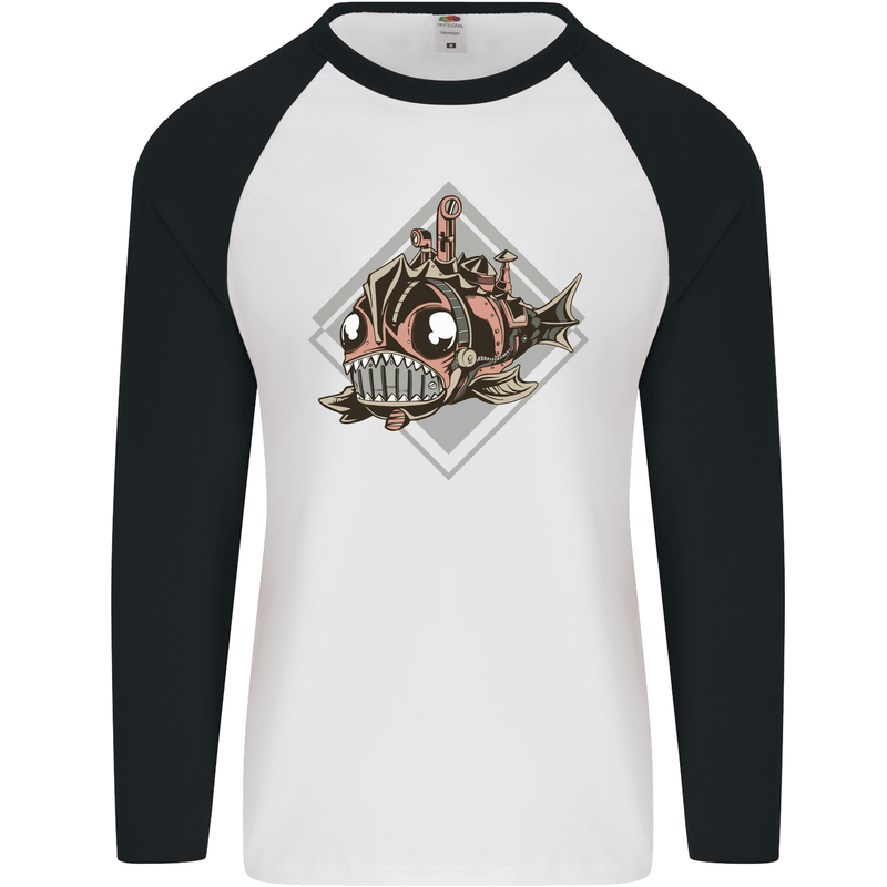 A Steampunk Fish Mens L/S Baseball T-Shirt White/Black