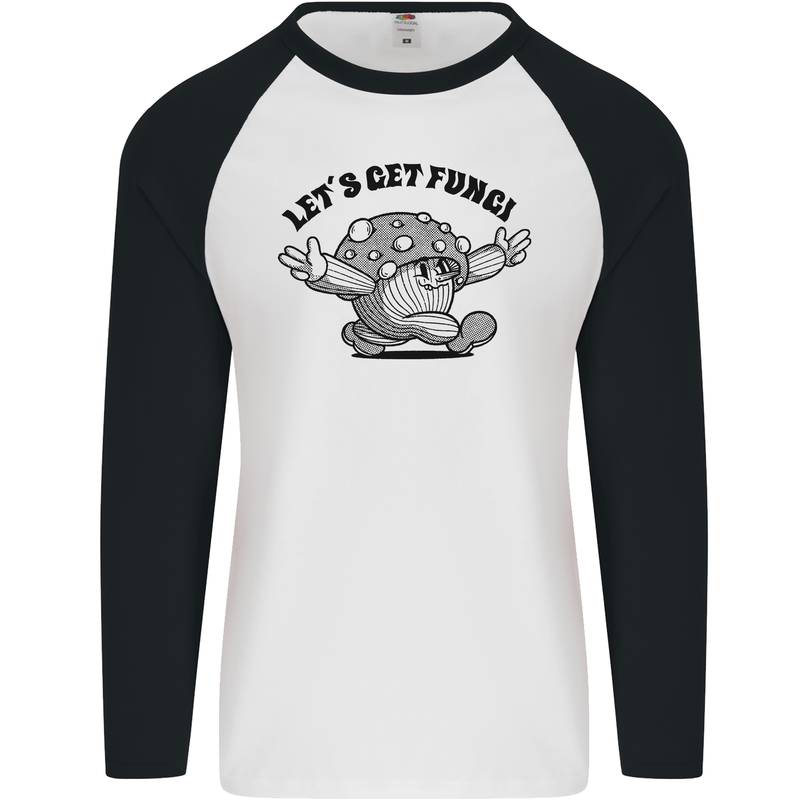 Lets Get Fungi Magic Mushrooms LSD Mens L/S Baseball T-Shirt White/Black