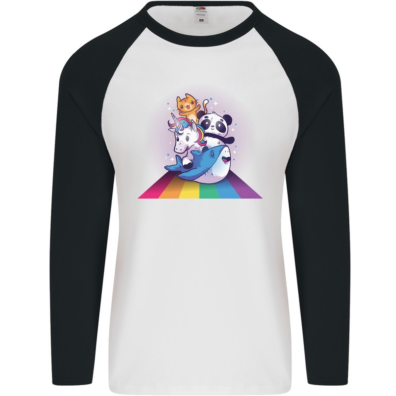 Mystical Panda Bear Unicorn Cat and Shark Mens L/S Baseball T-Shirt White/Black