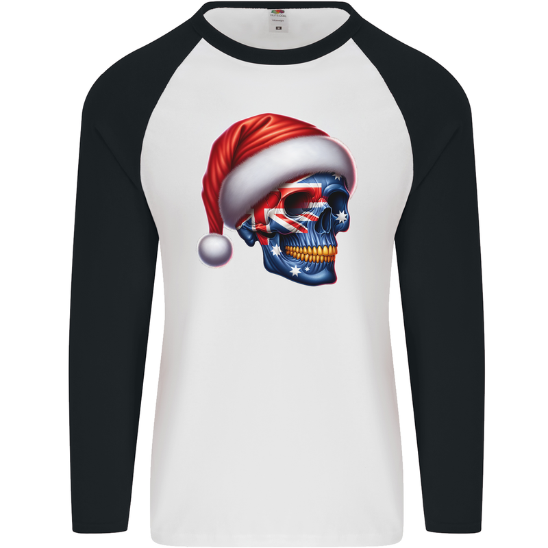 Australia Christmas Skull Australian Flag Biker Mens L/S Baseball T-Shirt White/Black