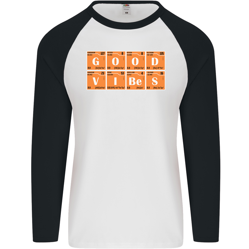 Good Vibes Periodic Table Chemistry Funny Mens L/S Baseball T-Shirt White/Black