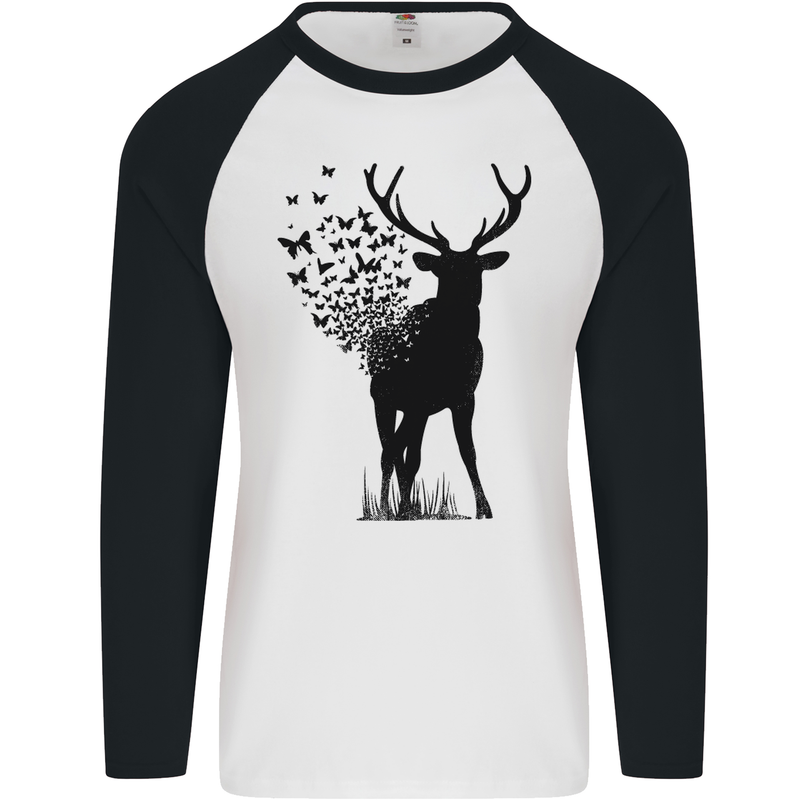 Abstract Butterfly Deer Ecology Environment Mens L/S Baseball T-Shirt White/Black