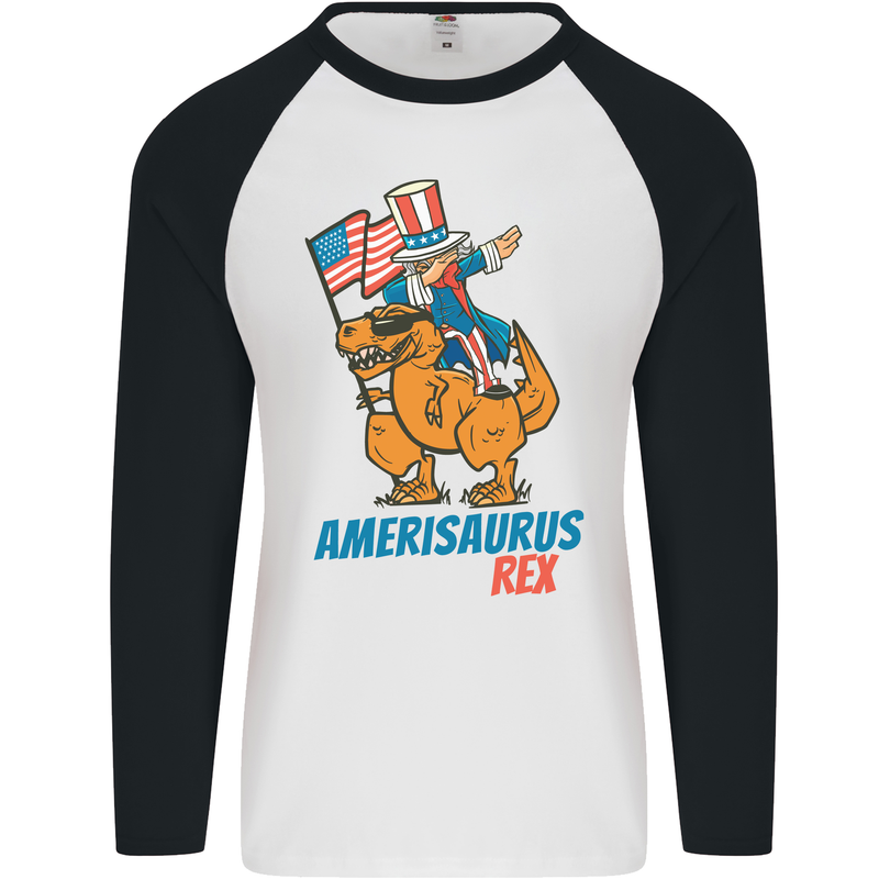 Amerisaurus T-Rex Dabbing Uncle Sam USA Mens L/S Baseball T-Shirt White/Black