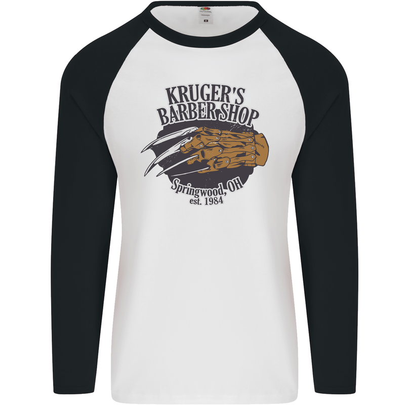 Krugers Barber Shop Funny Halloween Mens L/S Baseball T-Shirt White/Black