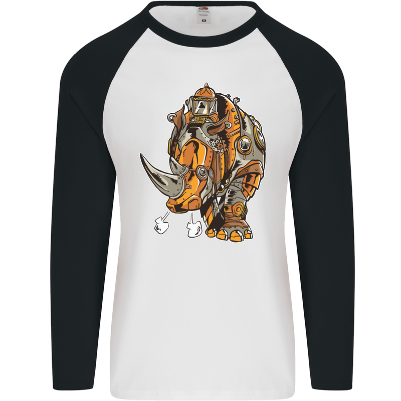 Steampunk Rhino Rhinoceros Mens L/S Baseball T-Shirt White/Black