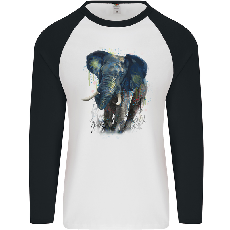 A Big Elephant Watercolour Mens L/S Baseball T-Shirt White/Black