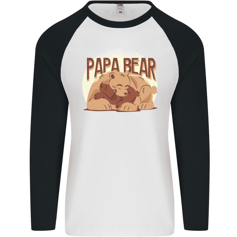 Papa Bear Funny Fathers Day Mens L/S Baseball T-Shirt White/Black