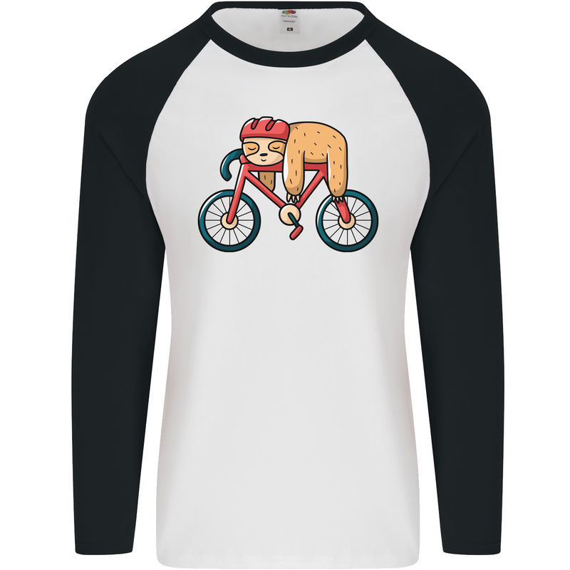 Cycling Sleeping Sloth Bicycle Cyclist Mens L/S Baseball T-Shirt White/Black