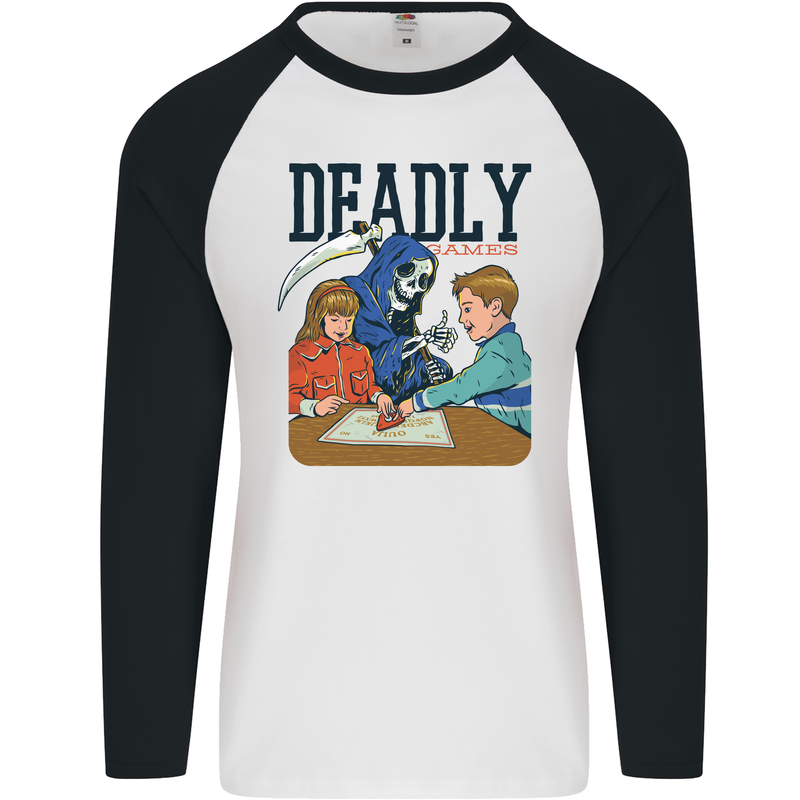 Deadly Games Ouija Board For Kids Grim Reaper Mens L/S Baseball T-Shirt White/Black