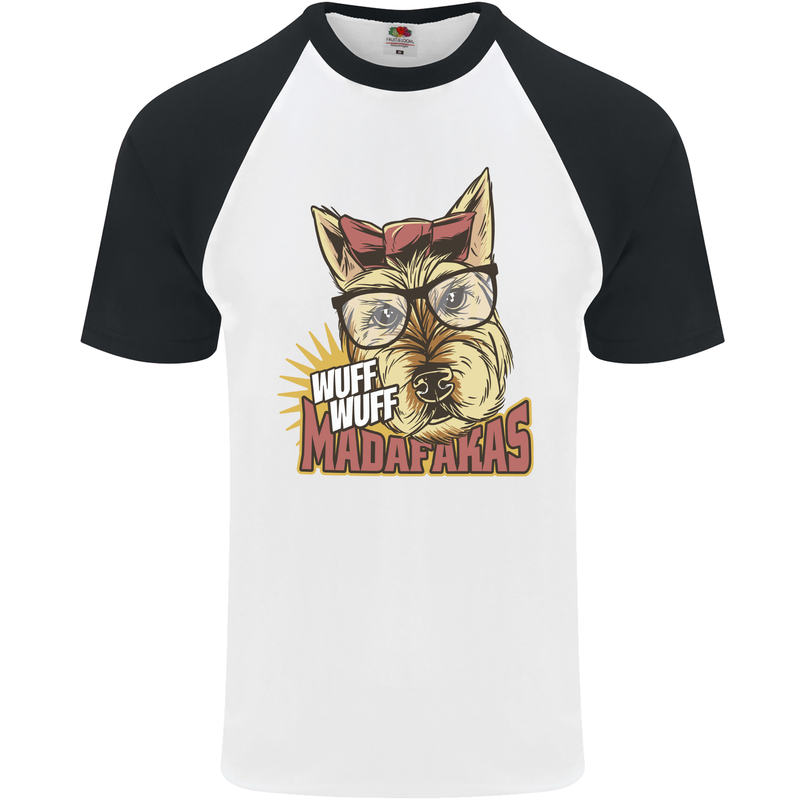 Wuff Wuff Madafacas Funny Dog Mens S/S Baseball T-Shirt White/Black