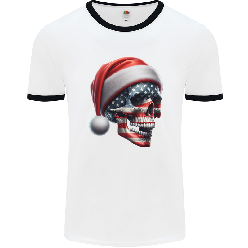 USA Christmas Skull Xmas American Flag Biker Mens Ringer T-Shirt White/Black