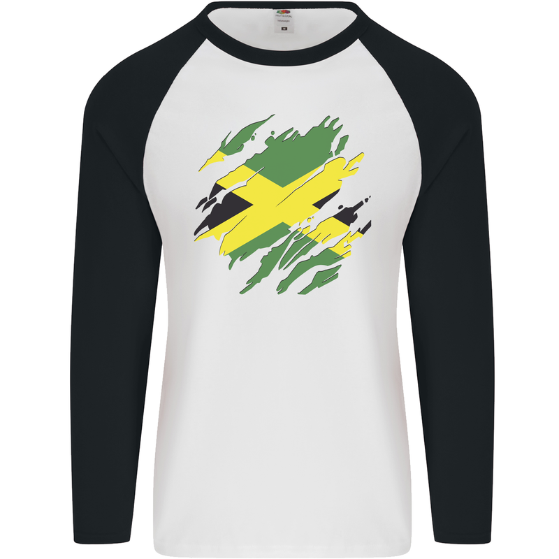 Torn Jamaican Flag Jamaica Day Football Mens L/S Baseball T-Shirt White/Black