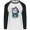 Icy Christmas Skull Wearing an Xmas Hat Mens L/S Baseball T-Shirt White/Black