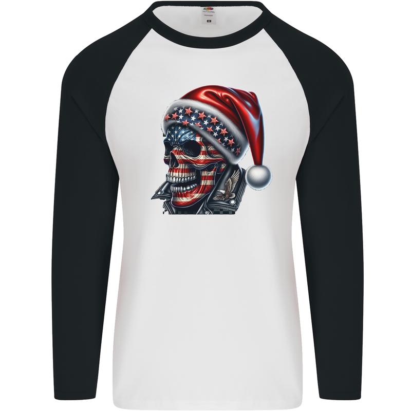 American Christmas Skull Xmas USA Flag Biker Mens L/S Baseball T-Shirt White/Black