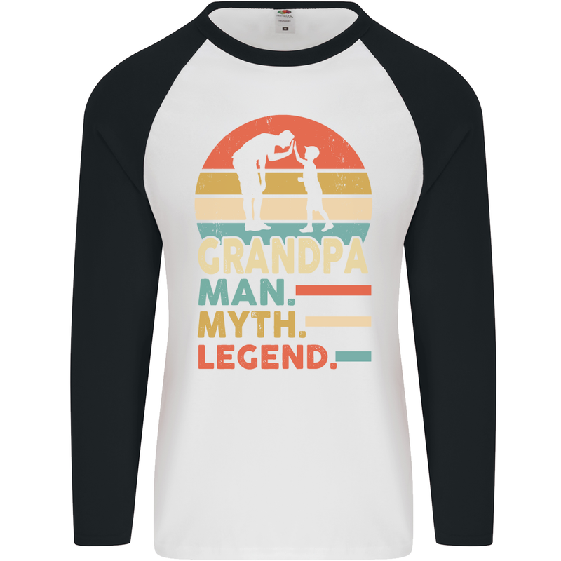 Grandpa Man Myth Legend Funny Fathers Day Mens L/S Baseball T-Shirt White/Black