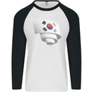 Curled South Korea Flag Korean Day Football Mens L/S Baseball T-Shirt White/Black