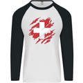 Torn Switzerland Flag Swiss Day Football Mens L/S Baseball T-Shirt White/Black