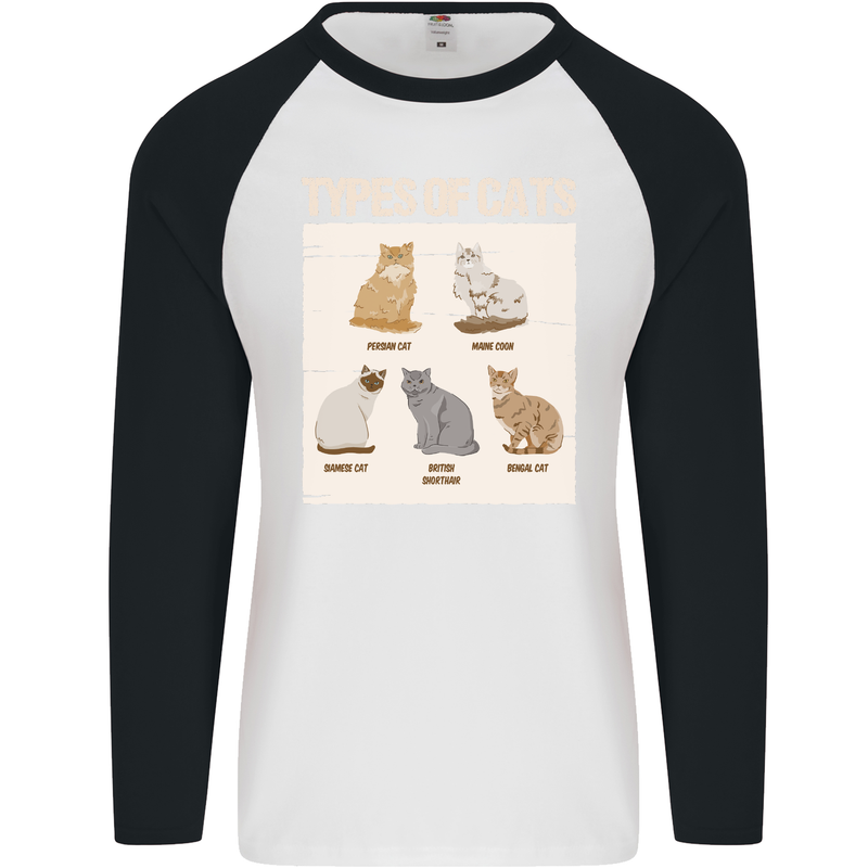 Types of Cat Persian Siamese British Bengal Mens L/S Baseball T-Shirt White/Black